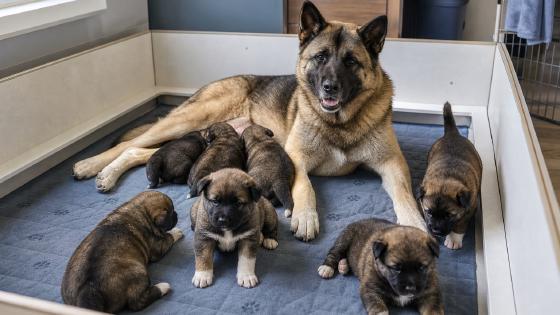 Litter of shepherd-type puppies on washable mats in a home whelping area