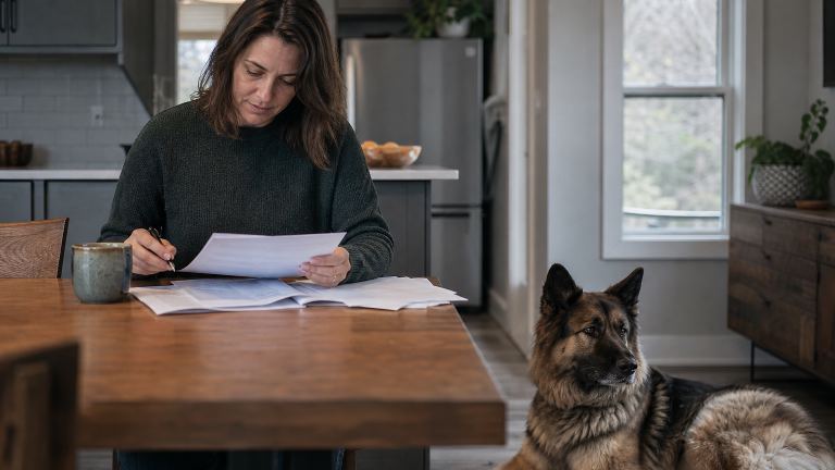 Owner reviewing paperwork at a kitchen table while a large shepherd mix rests nearby