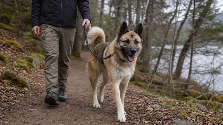 Akita Shepherd mix walking on a loose leash along a wooded trail
