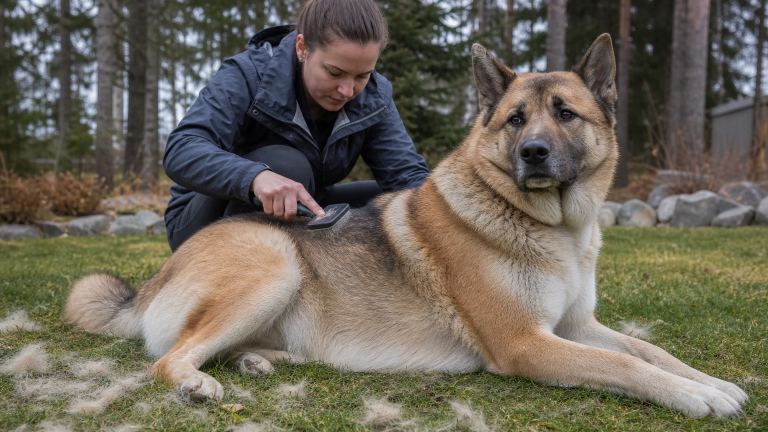 Akita Shepherd mix being brushed outdoors with loose undercoat visible on the grass