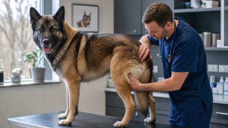 Large Akita Shepherd mix standing on an exam table while a veterinarian checks its hips