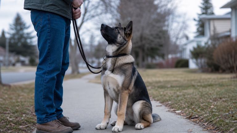 Akita Shepherd puppy sitting on a sidewalk and looking up at its handler
