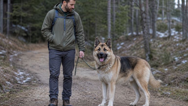 Tall double-coated Akita Shepherd standing beside its owner on a walking trail