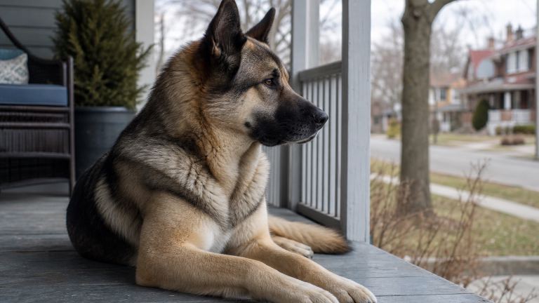 Akita Shepherd resting on a front porch while watching the street