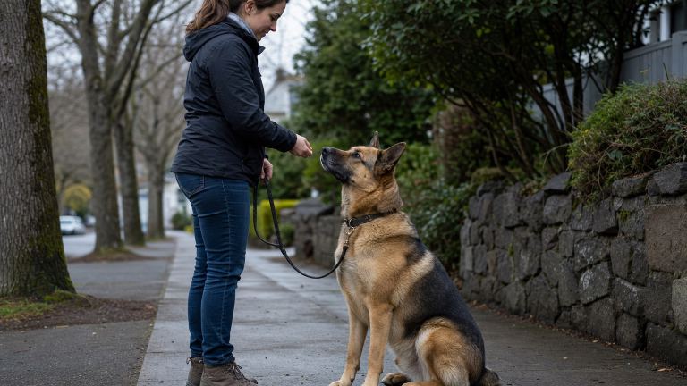 Handler rewarding a leashed Akita Shepherd mix for sitting calmly on a quiet sidewalk
