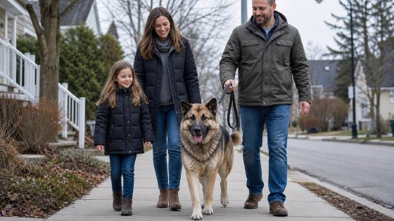 Family walking a leashed Akita Shepherd along a quiet suburban sidewalk