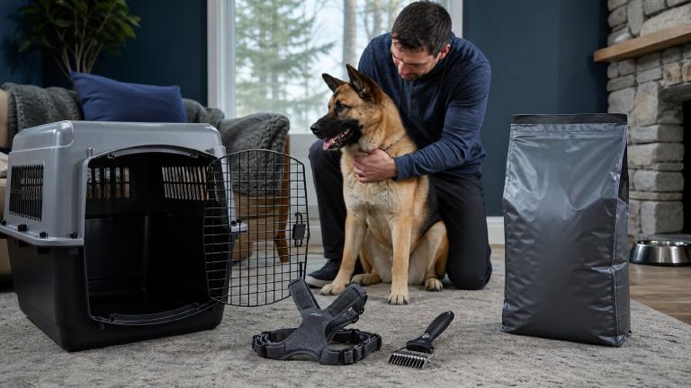 crate, harness, undercoat rake, and a large bag of dog food staged before a puppy arrives