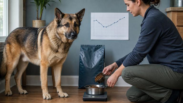 wall chart tracking a dog's weekly weight next to a bag of large-breed food