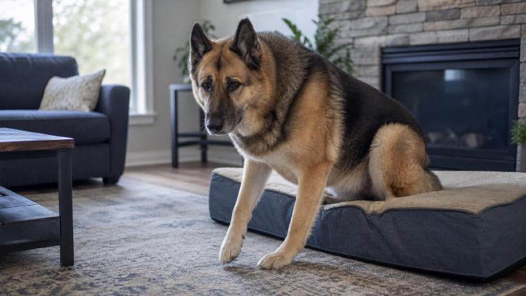 adult Akita Shepherd mix rising slowly from an orthopedic dog bed