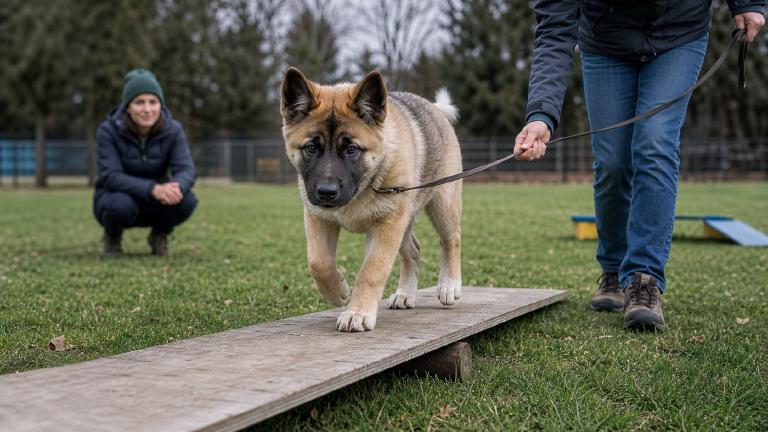 Akita Shepherd puppy walking across a wobbly board on grass during a socialization session