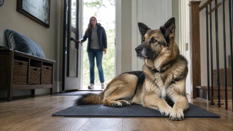Akita Shepherd mix lying on a training mat while a visitor enters the front door