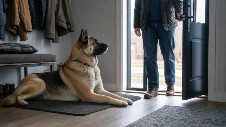 large shepherd mix on a mat by the front door while a visitor enters